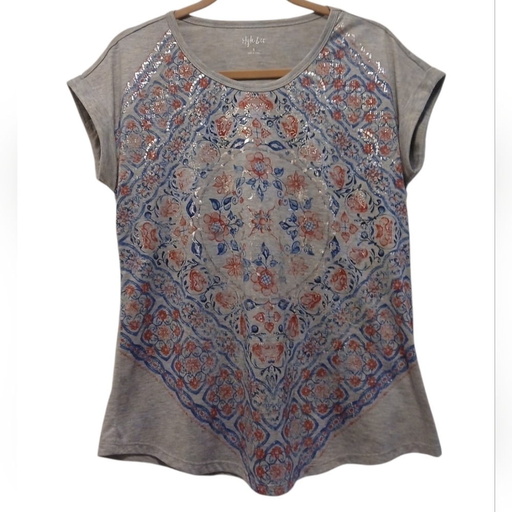 Style & Co. -NWOT, Gray Shirt W/ Red,Blue,& Silver Floral Print, Short Flutter - Picture 1 of 7
